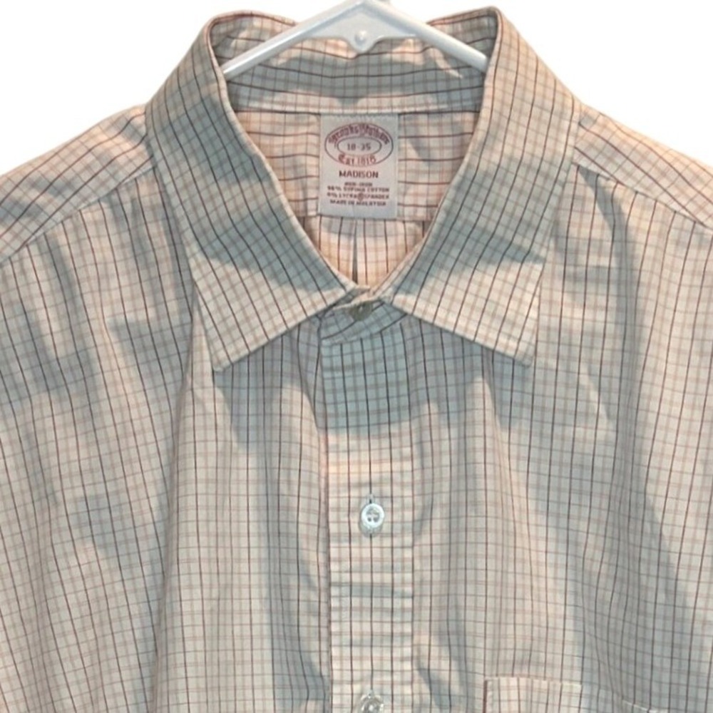 Brooks Brothers Shirt 18-35 Mens Tan Red Madison Fit Supima Cotton Stretch Check